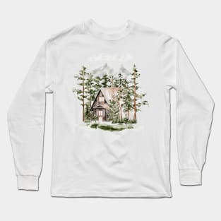 Watercolor Cabin in The Evergreen Forest Long Sleeve T-Shirt